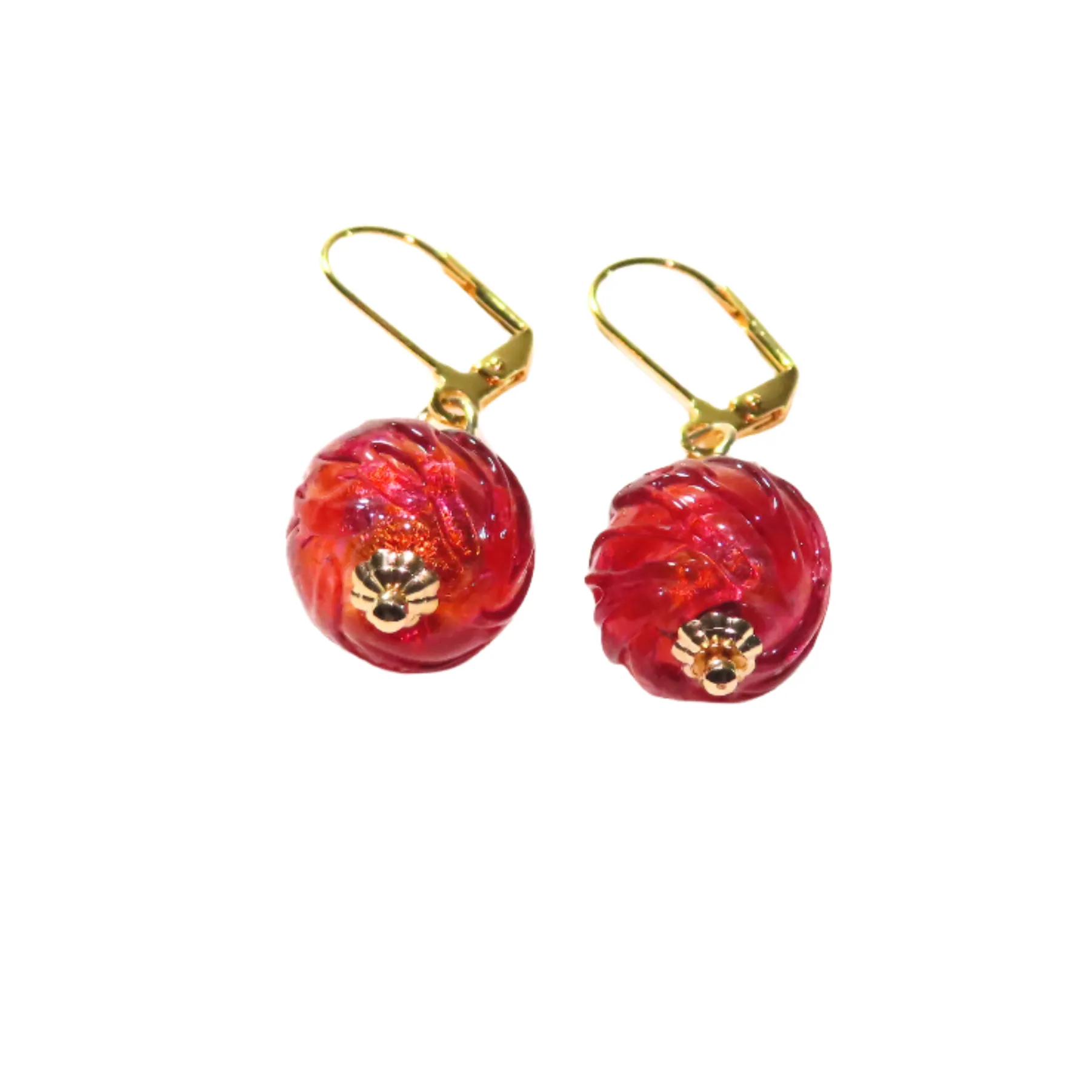 Murano Glass Ruby Pink Glacier Ball Gold Earrings