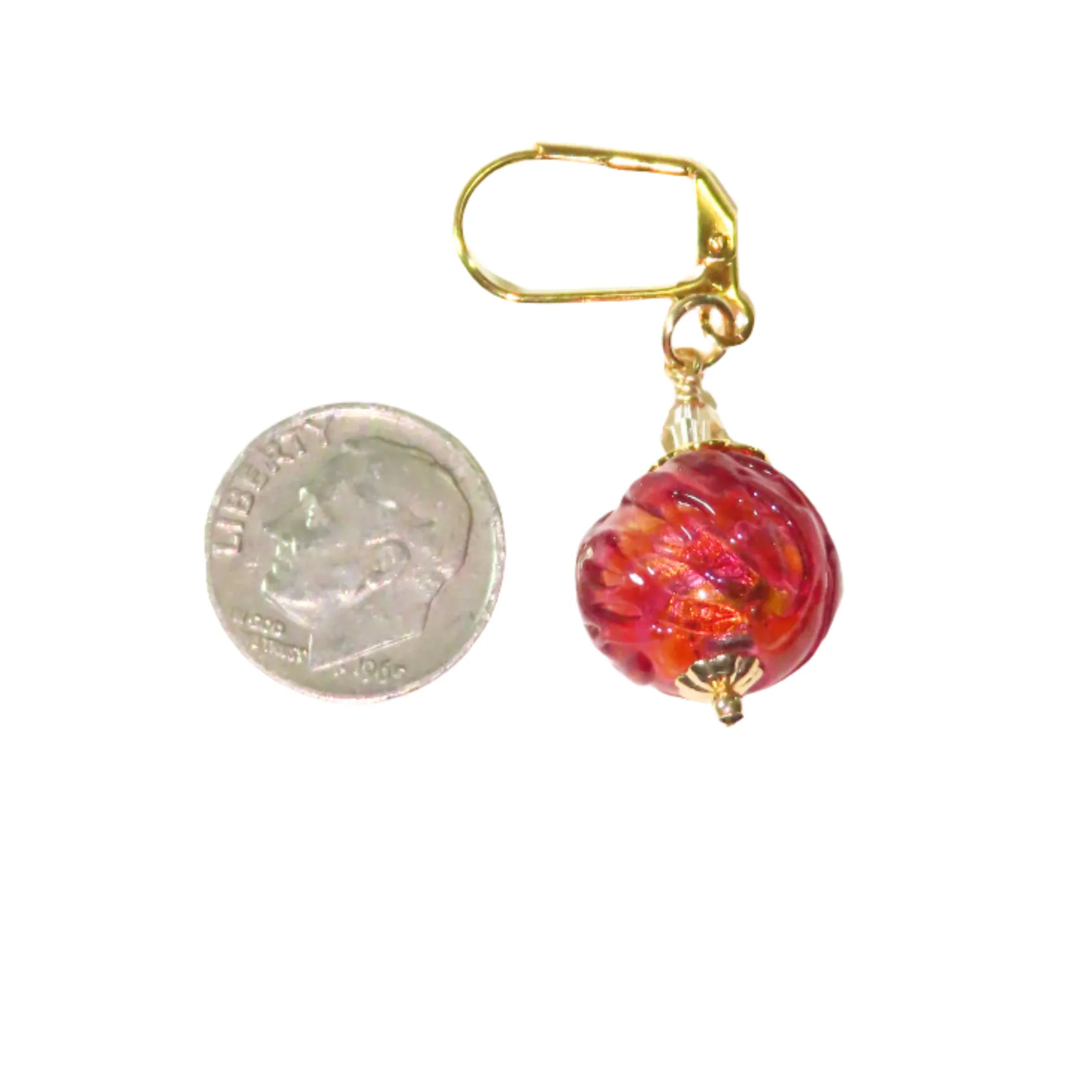 Murano Glass Ruby Pink Glacier Ball Gold Earrings