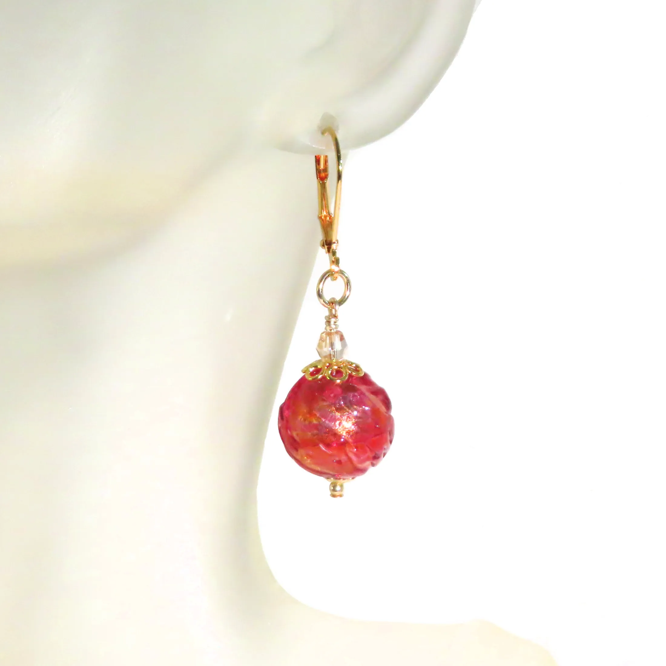 Murano Glass Ruby Pink Glacier Ball Gold Earrings