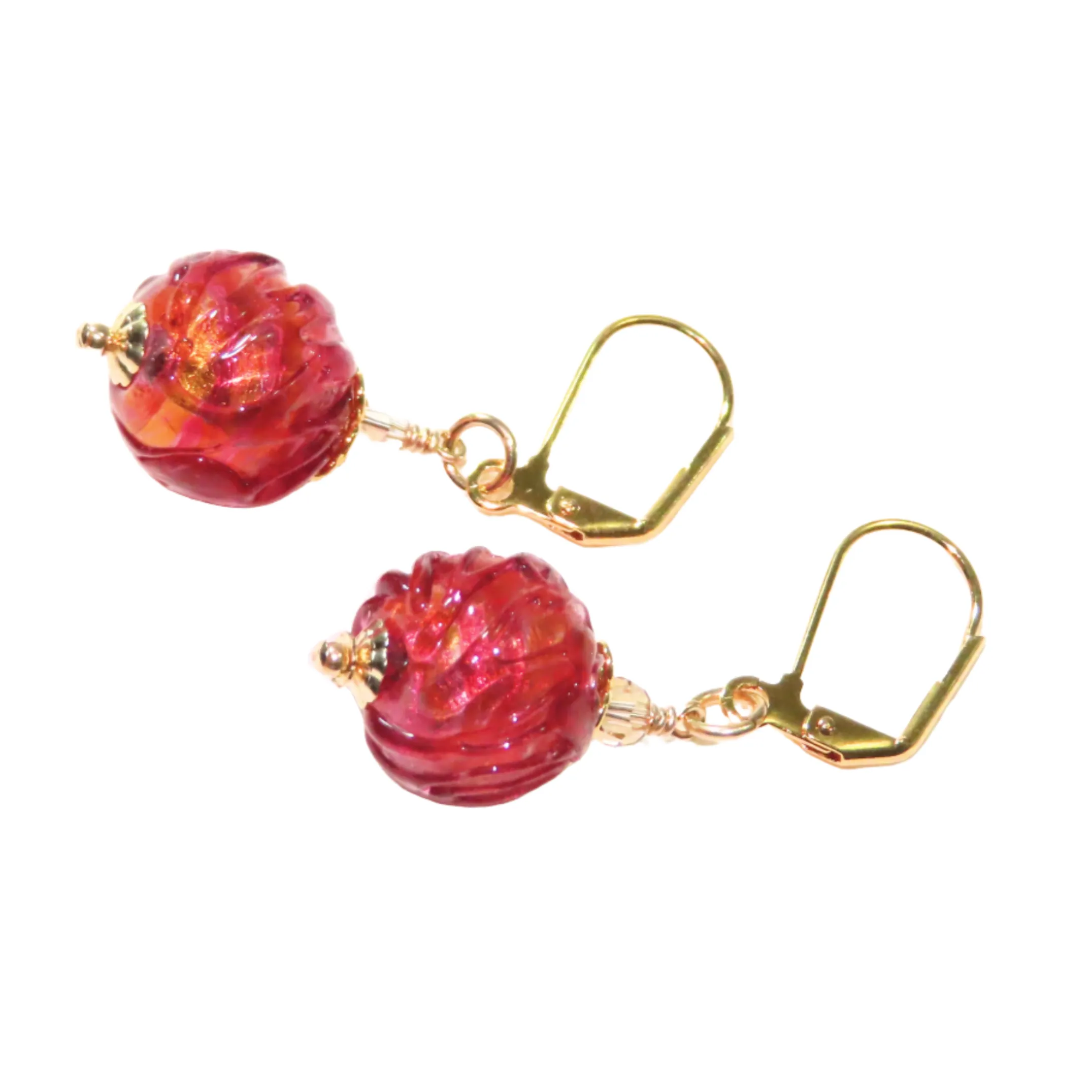 Murano Glass Ruby Pink Glacier Ball Gold Earrings