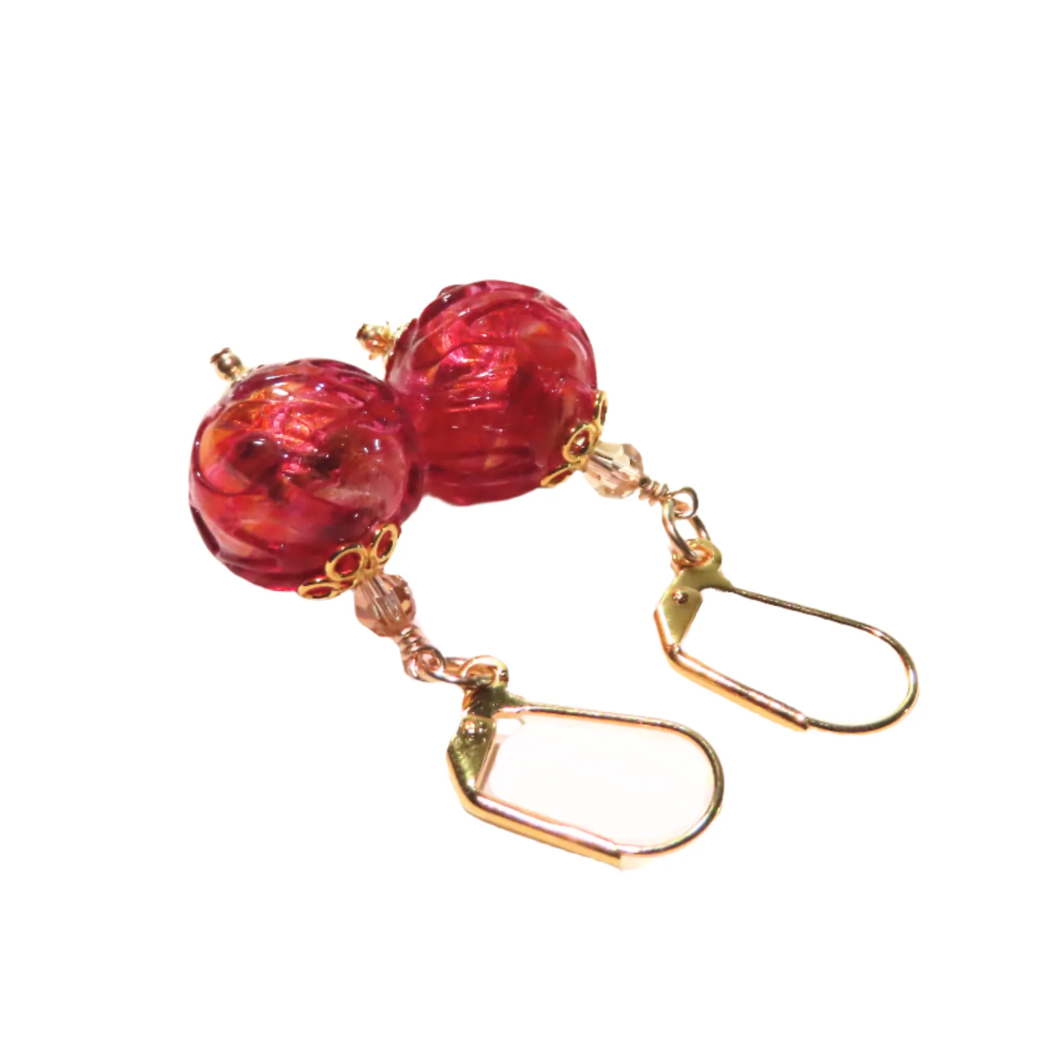 Murano Glass Ruby Pink Glacier Ball Gold Earrings