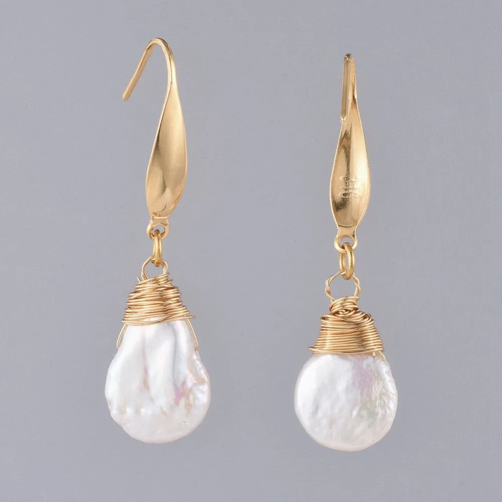 Natural Baroque Pearl Keshi Pearl Wire Wrapped Earrings
