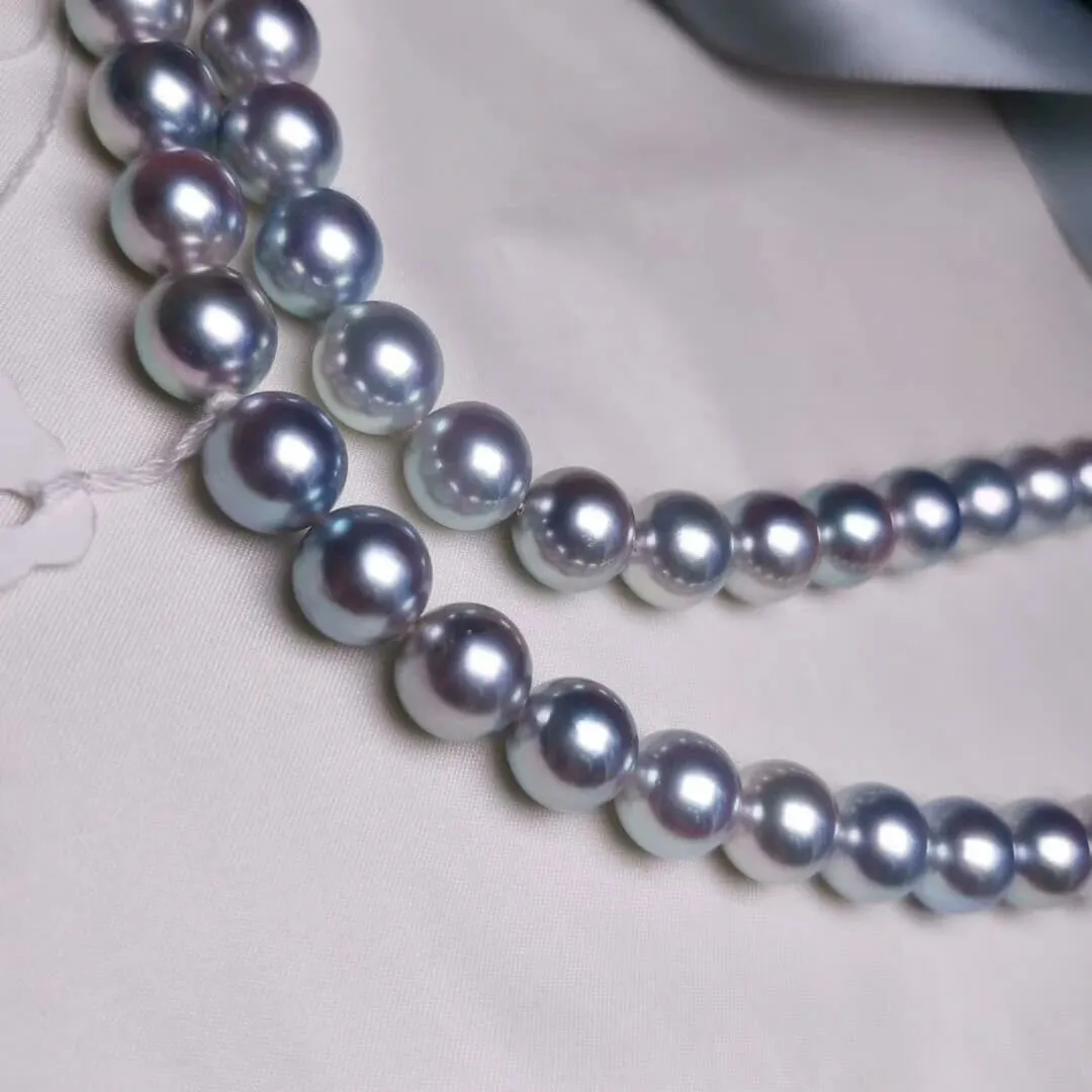 Natural-Color | 10.0-10.5 mm Japanese Silver-Blue Akoya Pearl Necklace - PSL Certificate