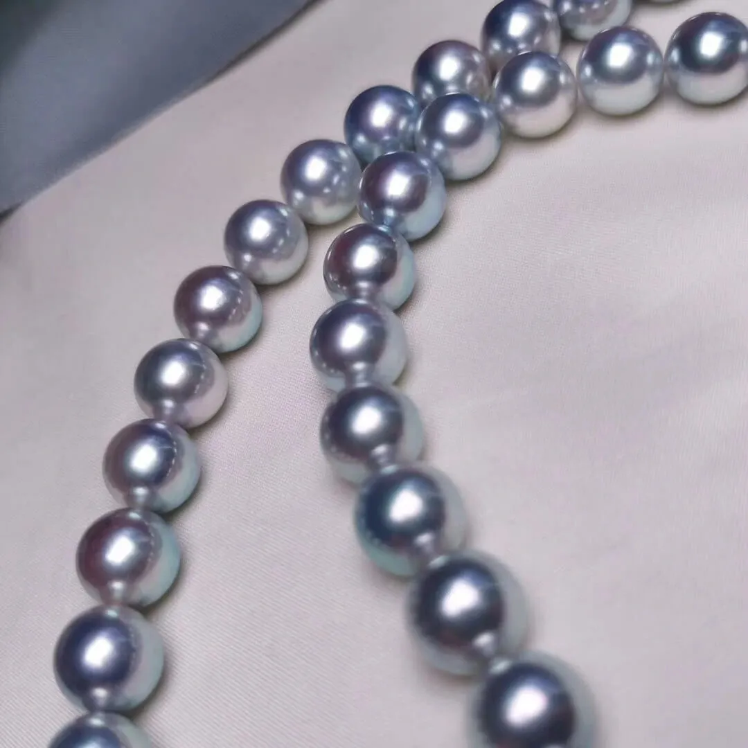 Natural-Color | 10.0-10.5 mm Japanese Silver-Blue Akoya Pearl Necklace - PSL Certificate
