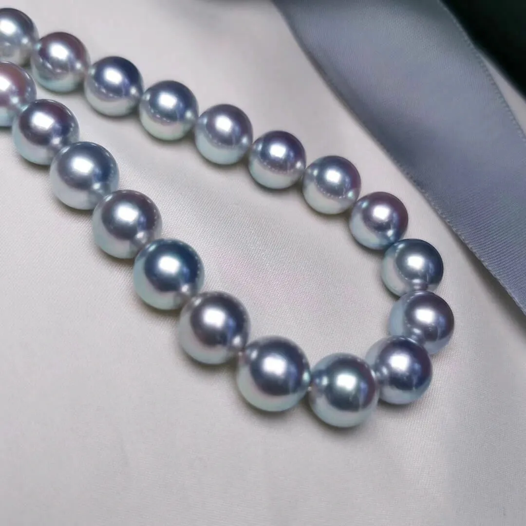 Natural-Color | 10.0-10.5 mm Japanese Silver-Blue Akoya Pearl Necklace - PSL Certificate