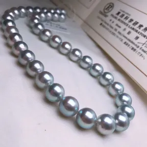 Natural-Color | 9.5-10.0 mm Japanese Silver-Blue Akoya Pearl Necklace - PSL Certificate