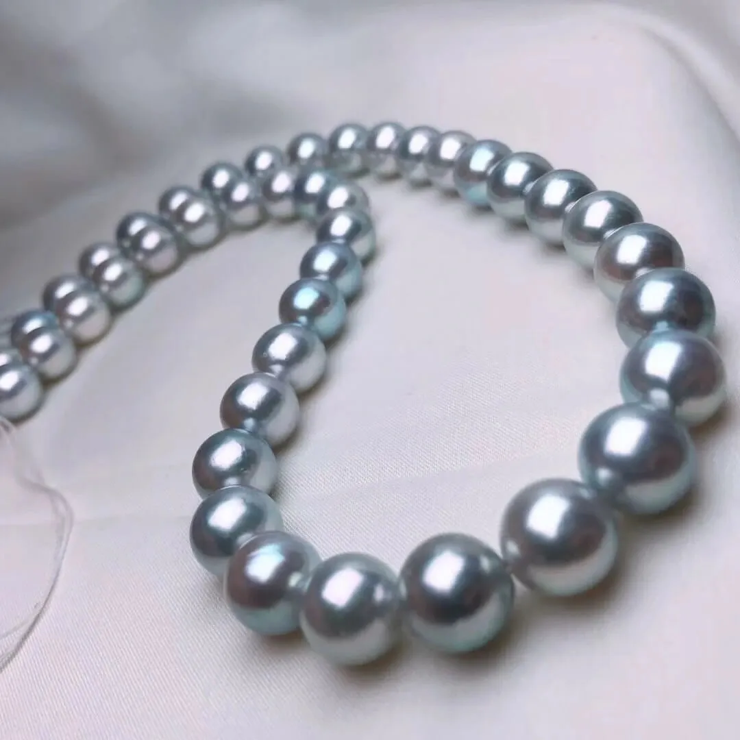 Natural-Color | 9.5-10.0 mm Japanese Silver-Blue Akoya Pearl Necklace - PSL Certificate