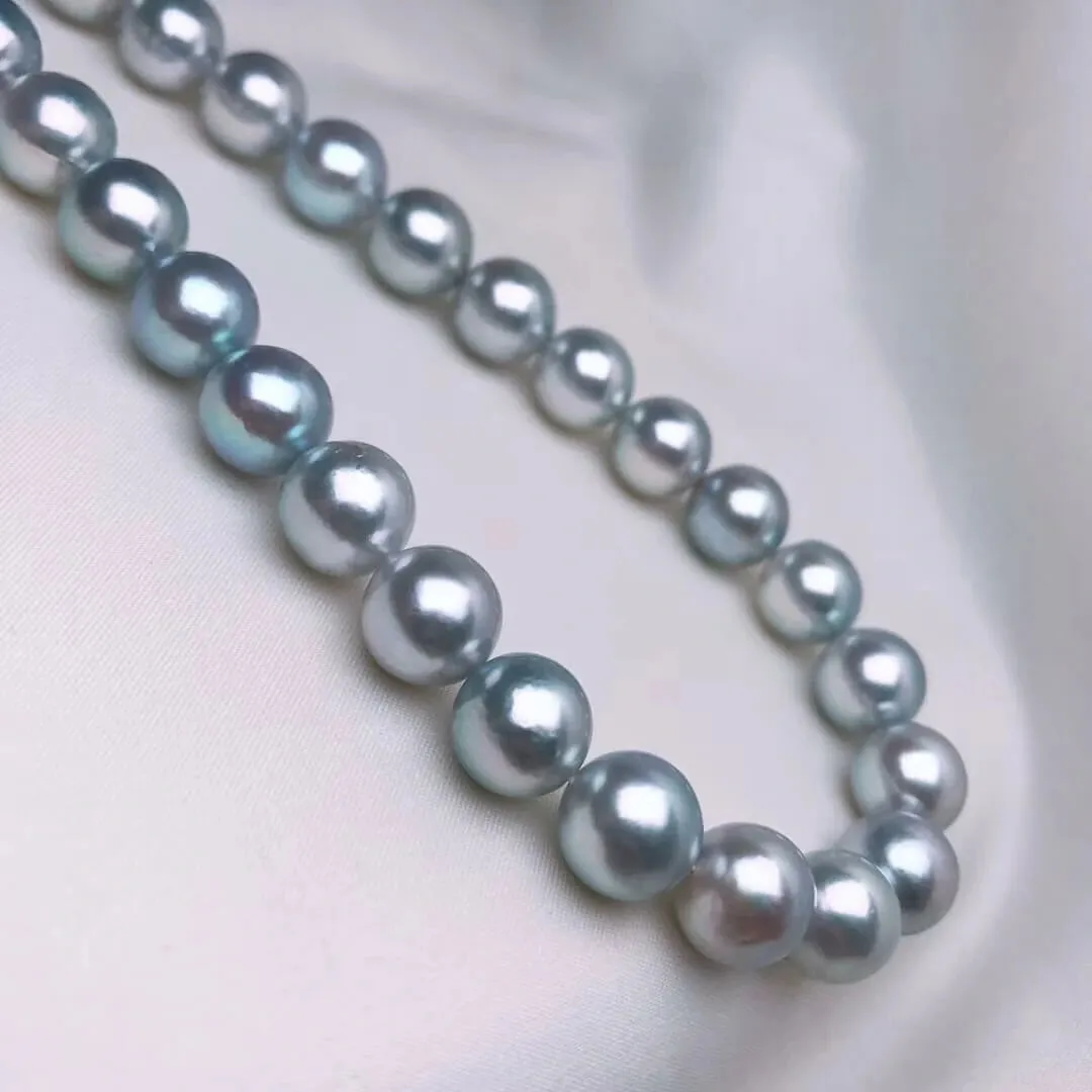 Natural-Color | 9.5-10.0 mm Japanese Silver-Blue Akoya Pearl Necklace - PSL Certificate