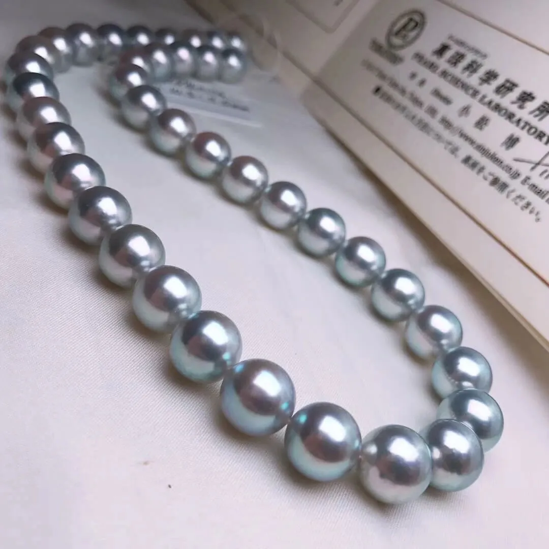 Natural-Color | 9.5-10.0 mm Japanese Silver-Blue Akoya Pearl Necklace - PSL Certificate