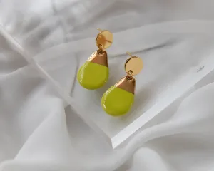 Neon Green and Gold Porcelain Teardrop Drop Earrings