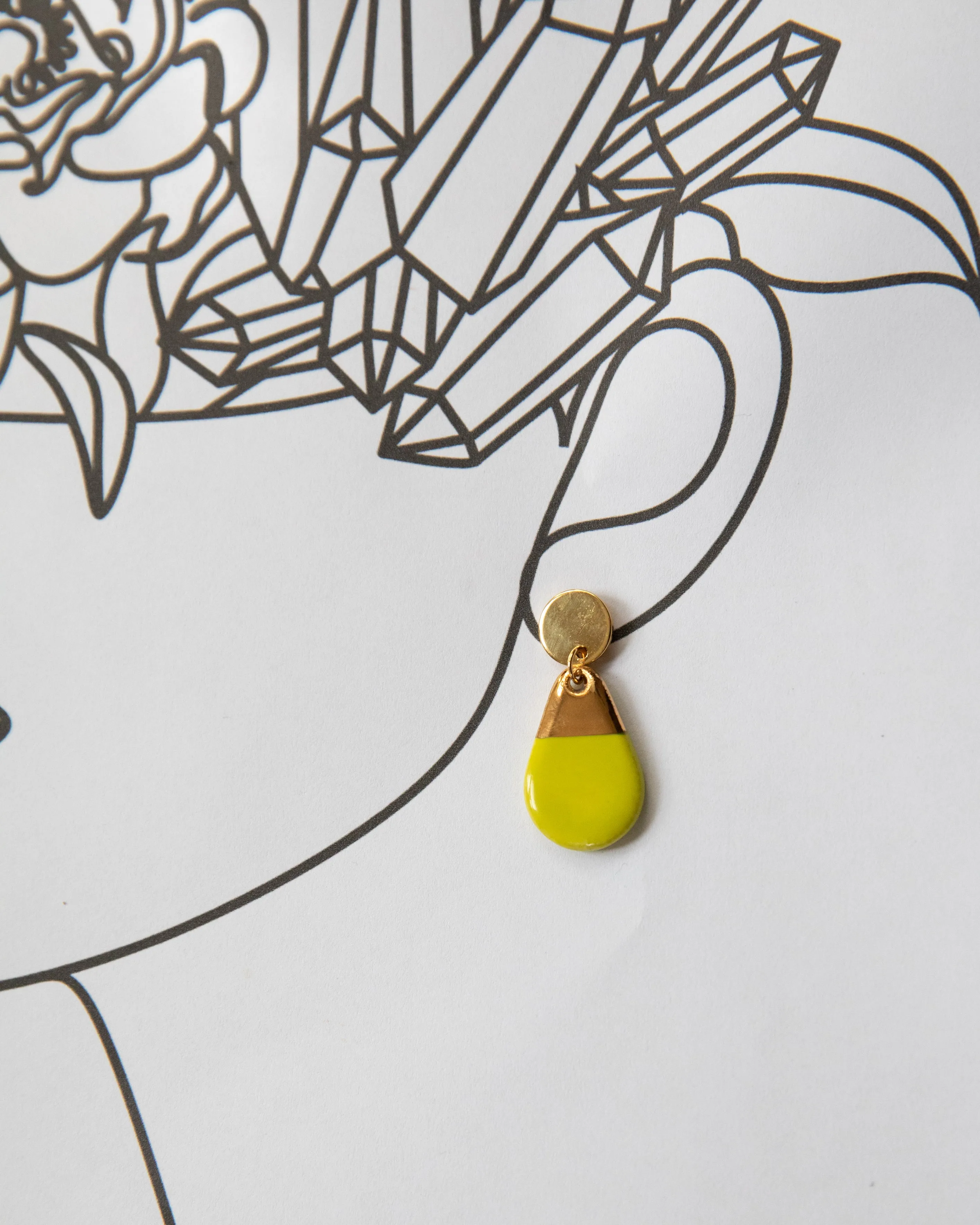 Neon Green and Gold Porcelain Teardrop Drop Earrings