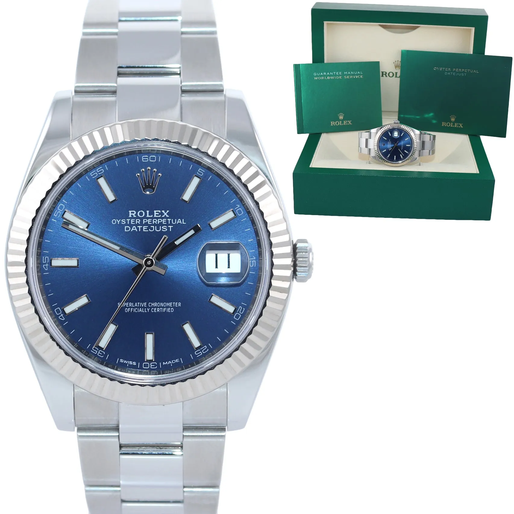 NEW Rolex DateJust 41 126334 Blue Stick Steel white gold Fluted Oyster Watch Box