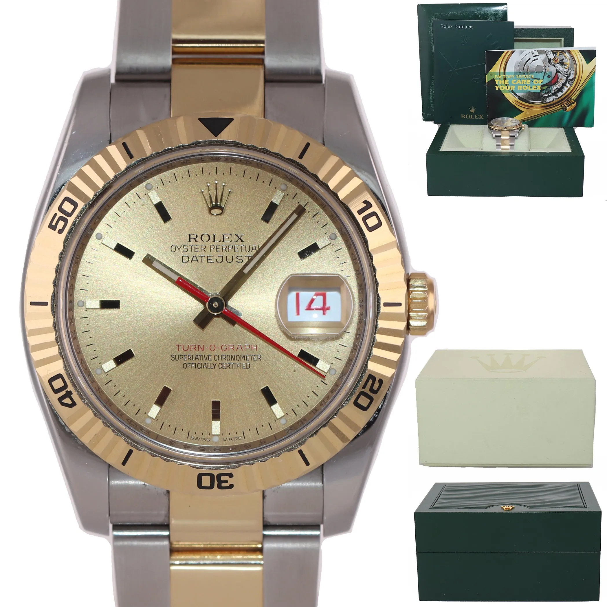 NOS Rolex DateJust 116263 Turn-O-Graph 36mm Thunderbird Champagne Watch Box