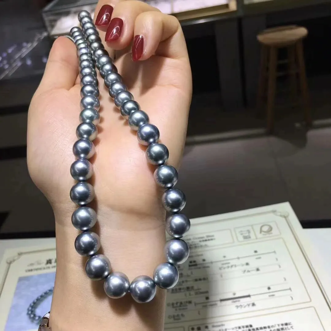 OCEAN BLUE | 8.0-11.0 mm Silver Blue Tahitian True Round Pearl Necklace | PSL Certificate