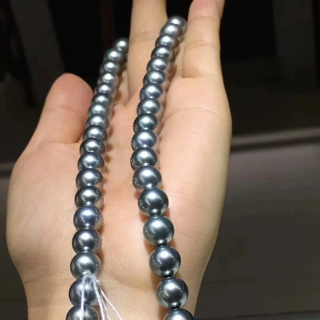OCEAN BLUE | 8.0-11.0 mm Silver Blue Tahitian True Round Pearl Necklace | PSL Certificate