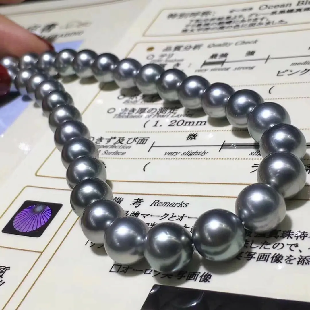 OCEAN BLUE | 8.0-11.0 mm Silver Blue Tahitian True Round Pearl Necklace | PSL Certificate