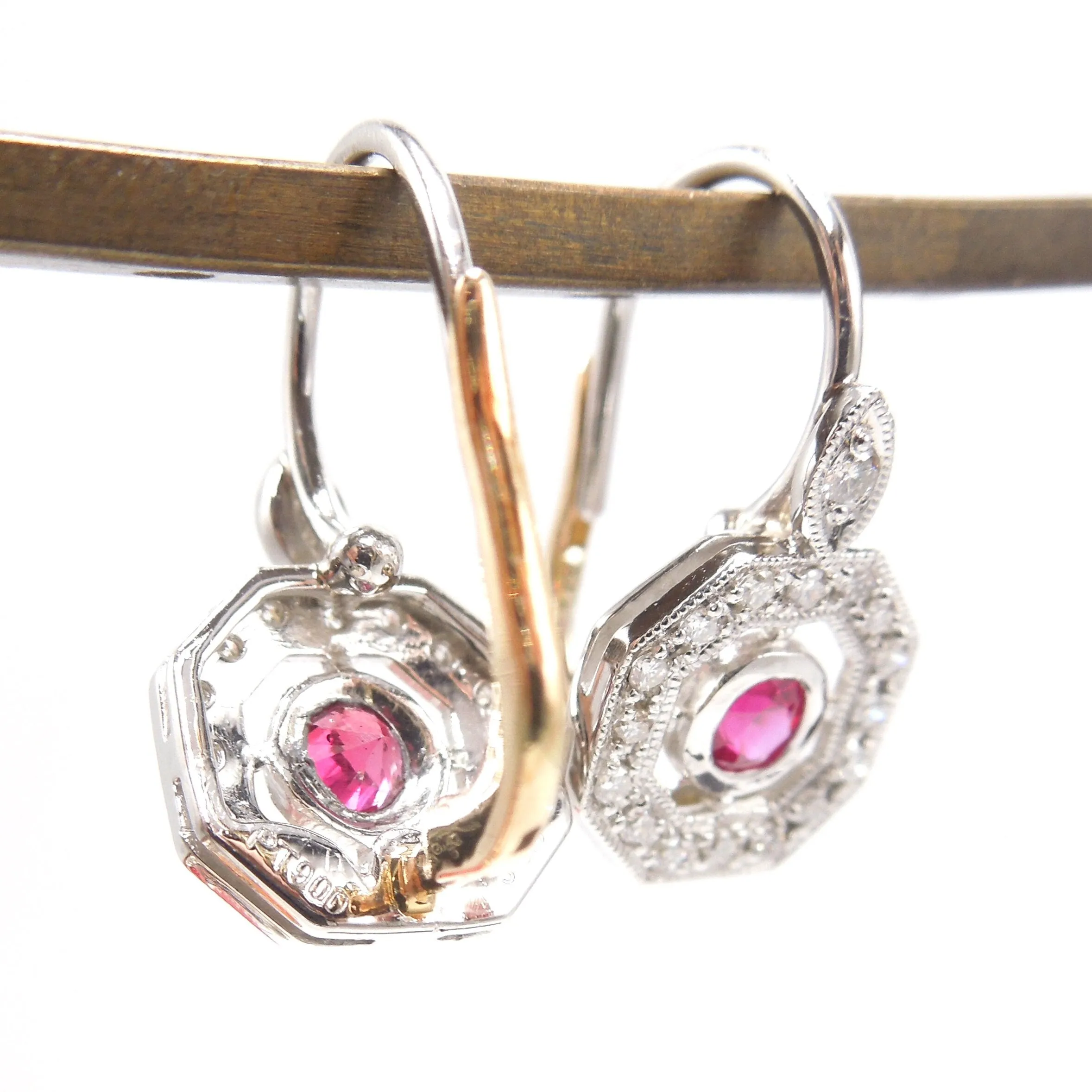 Octagonal Burmese Ruby and Diamond Art Deco Style Drop Earrings in 14K Yellow and White Gold