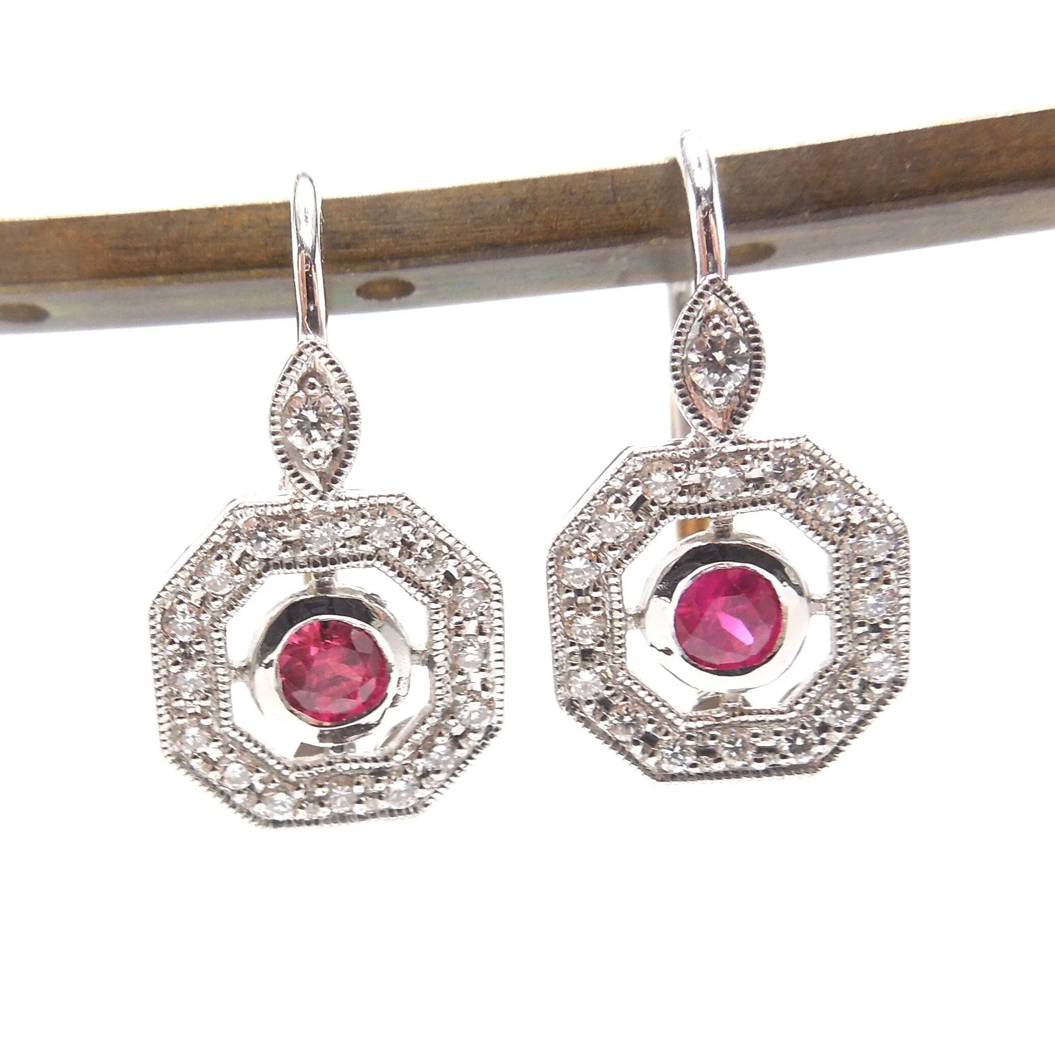 Octagonal Burmese Ruby and Diamond Art Deco Style Drop Earrings in 14K Yellow and White Gold