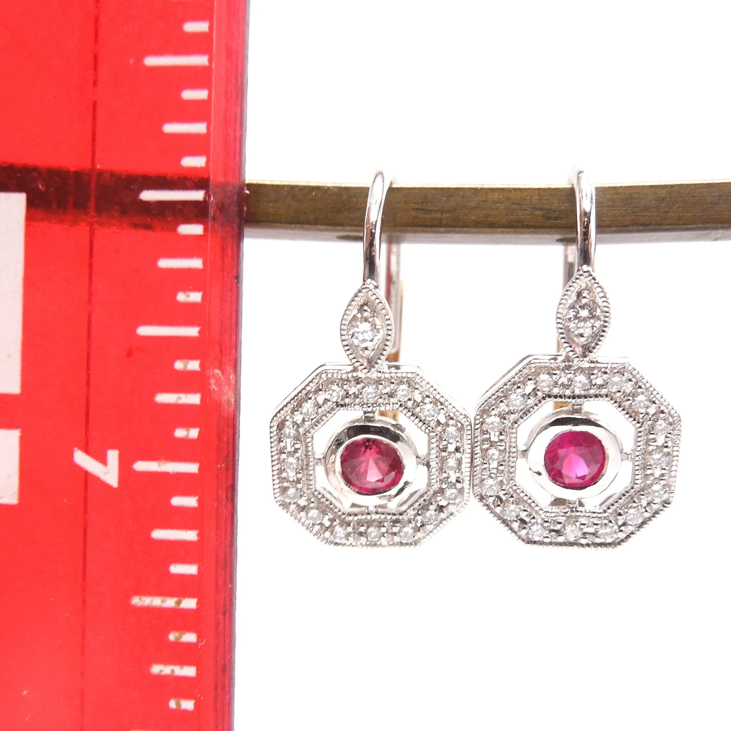 Octagonal Burmese Ruby and Diamond Art Deco Style Drop Earrings in 14K Yellow and White Gold