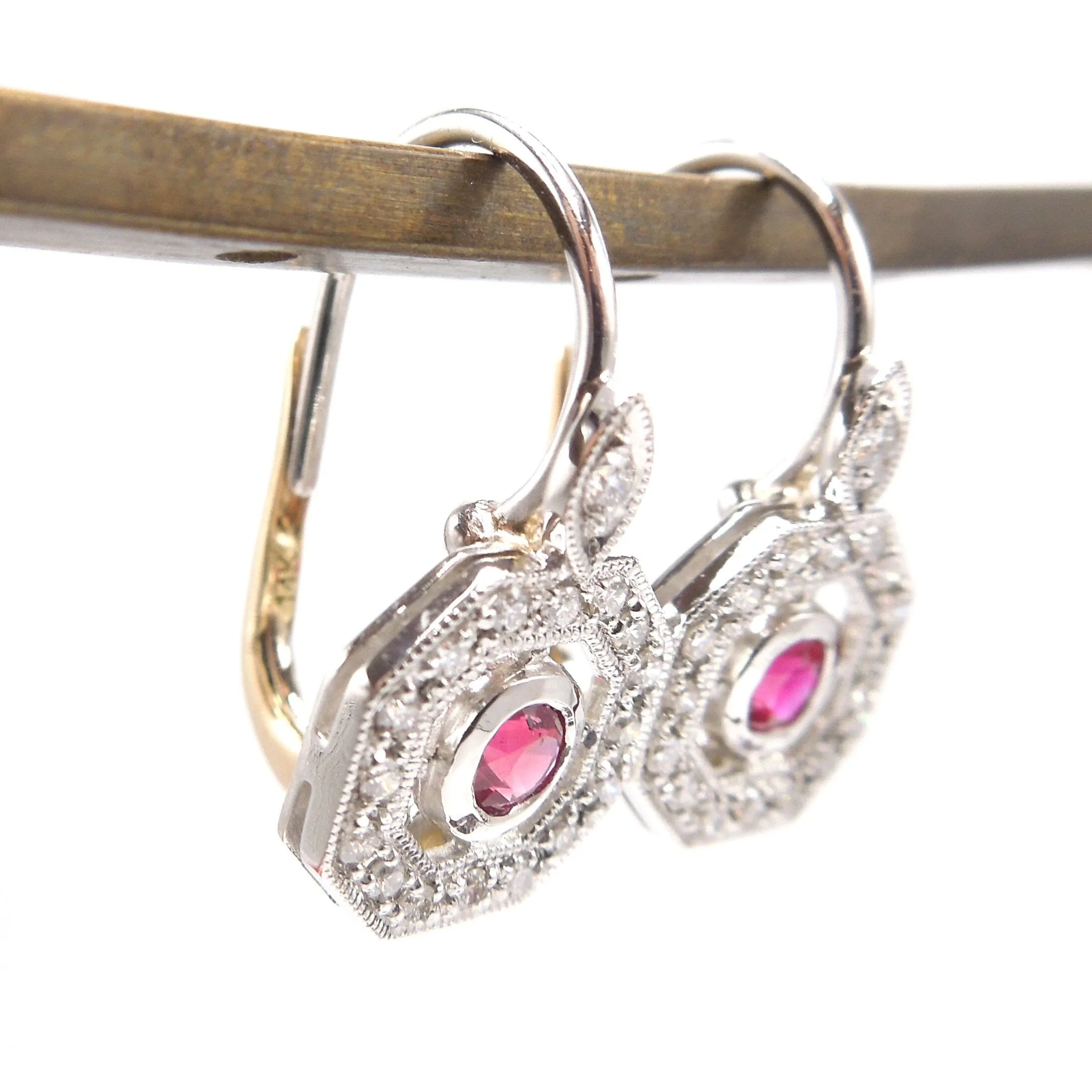 Octagonal Burmese Ruby and Diamond Art Deco Style Drop Earrings in 14K Yellow and White Gold