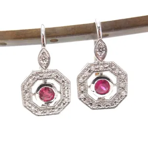 Octagonal Burmese Ruby and Diamond Art Deco Style Drop Earrings in 14K Yellow and White Gold