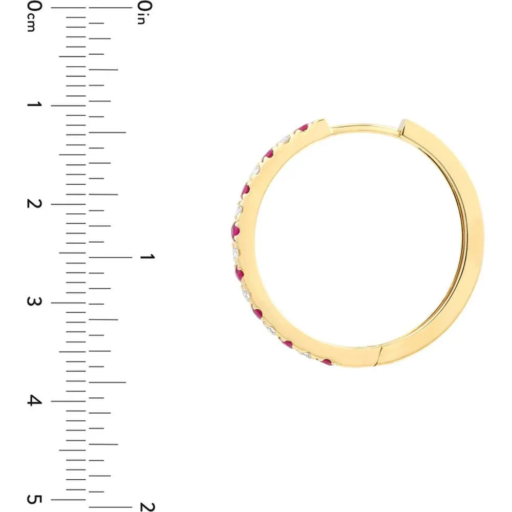 Olas d'Oro - 14K Yellow Gold Ruby & Diamond Hoop Earrings - 0.80 Carat Total Carat Weight