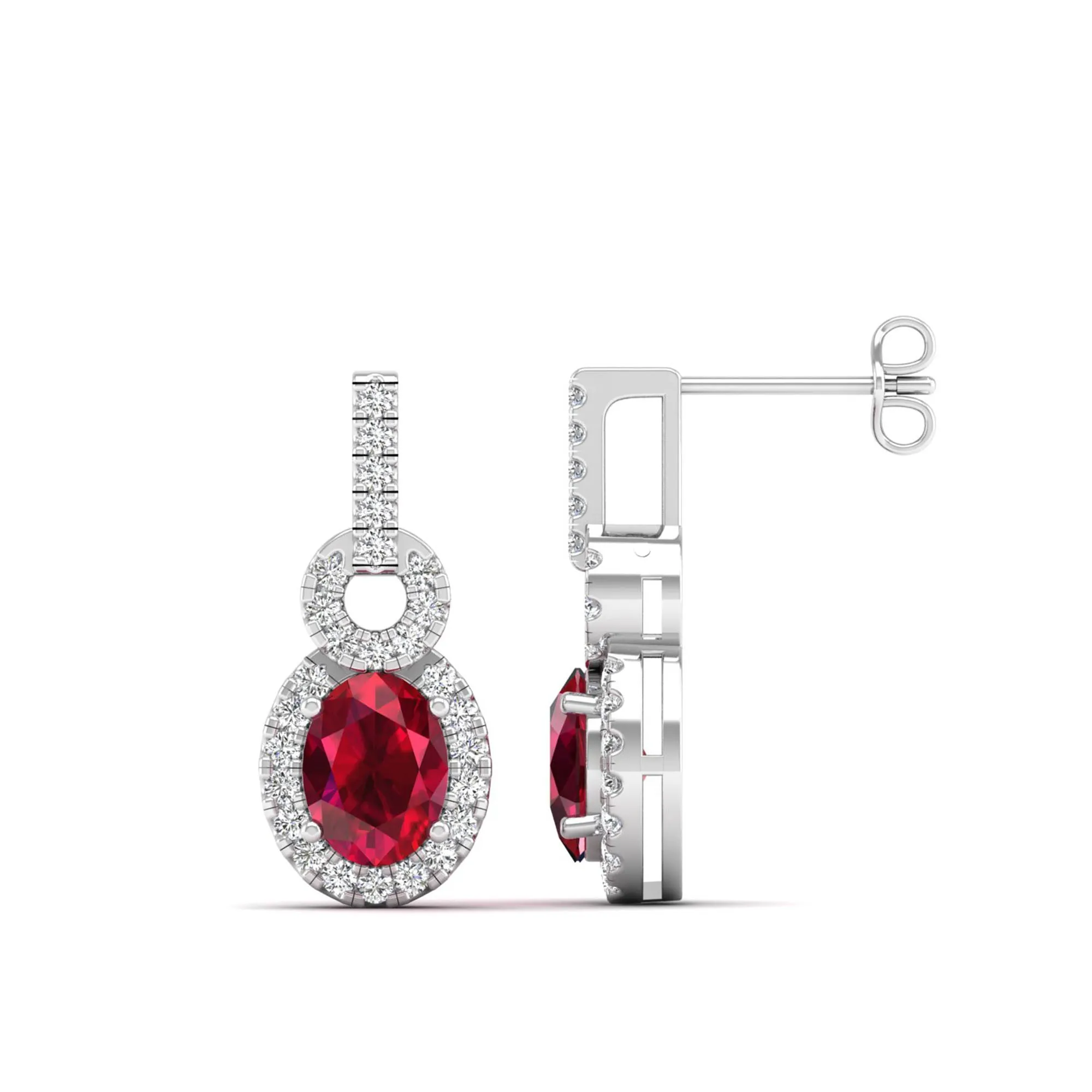 Oval Ruby and Halo Diamond Dangle Drop Earrings
