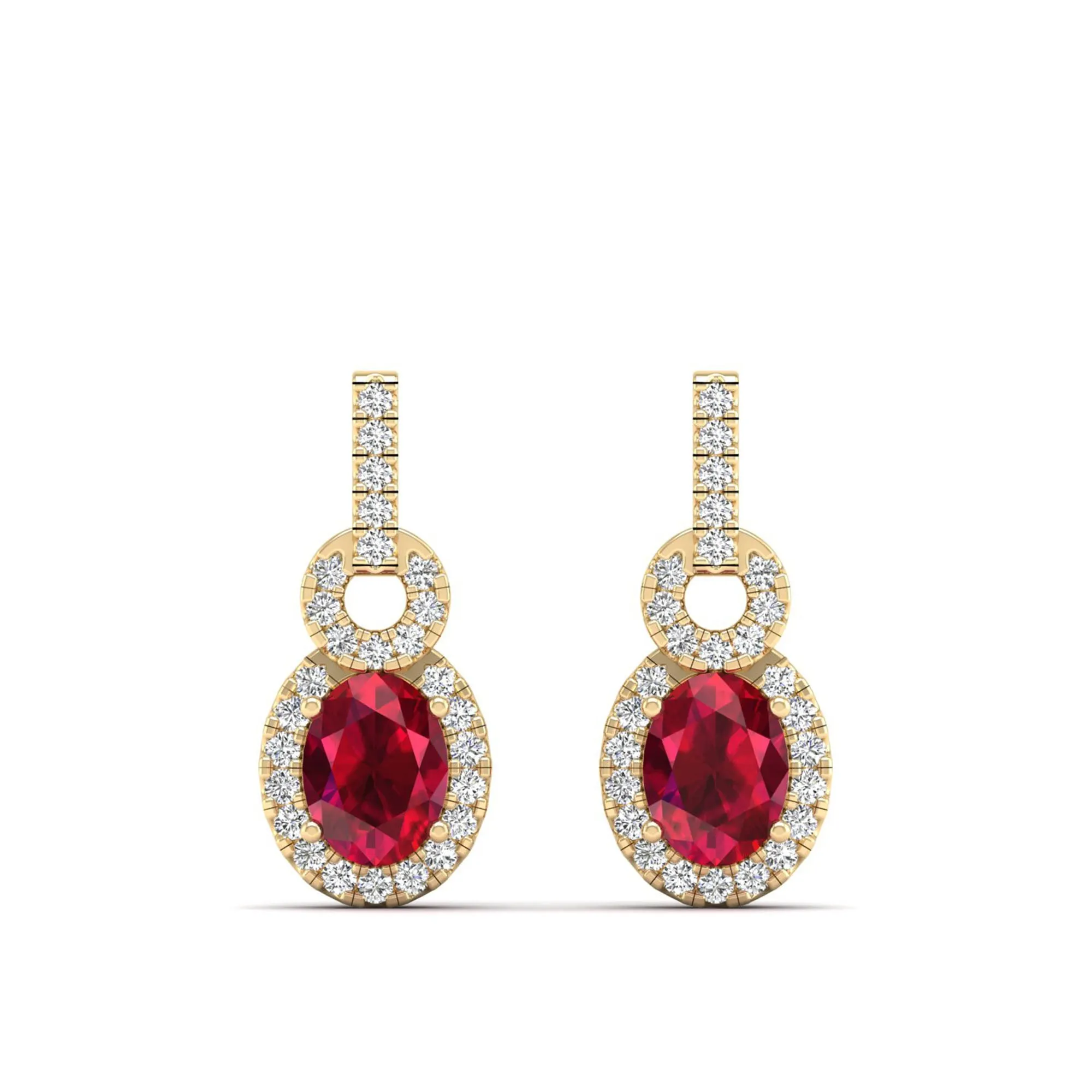 Oval Ruby and Halo Diamond Dangle Drop Earrings