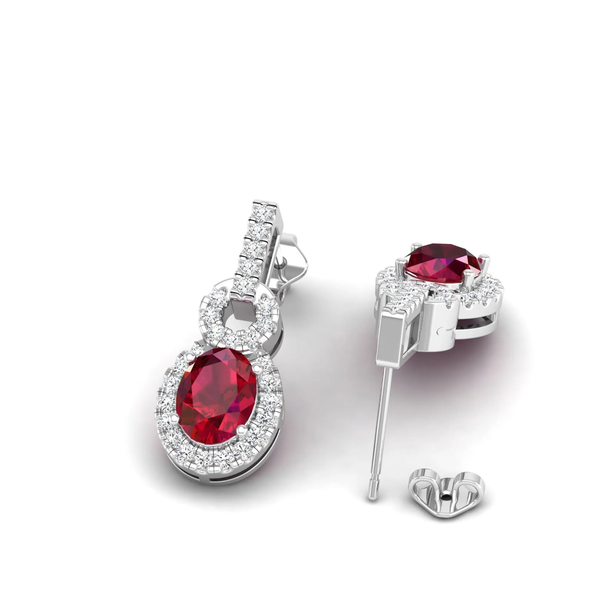 Oval Ruby and Halo Diamond Dangle Drop Earrings
