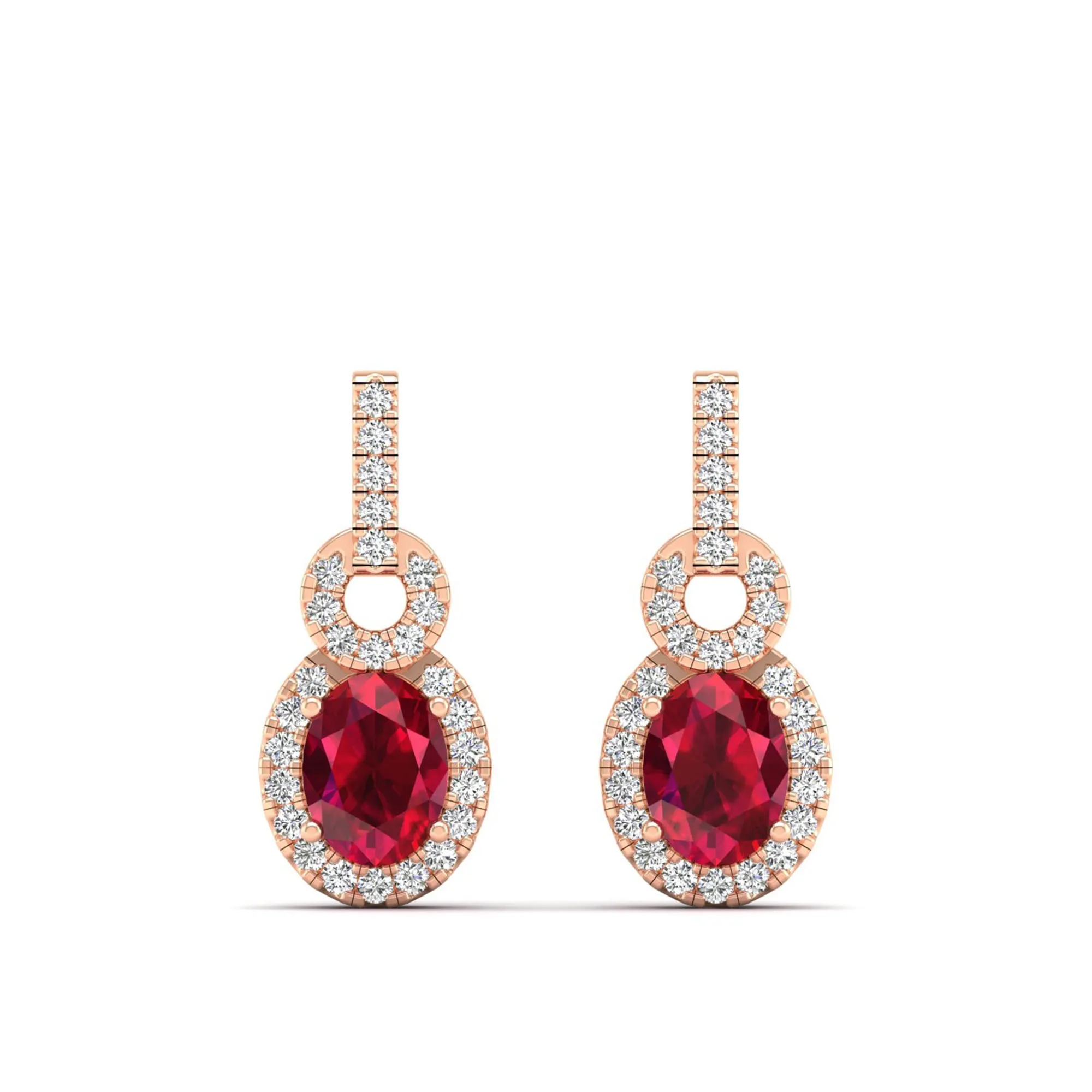 Oval Ruby and Halo Diamond Dangle Drop Earrings