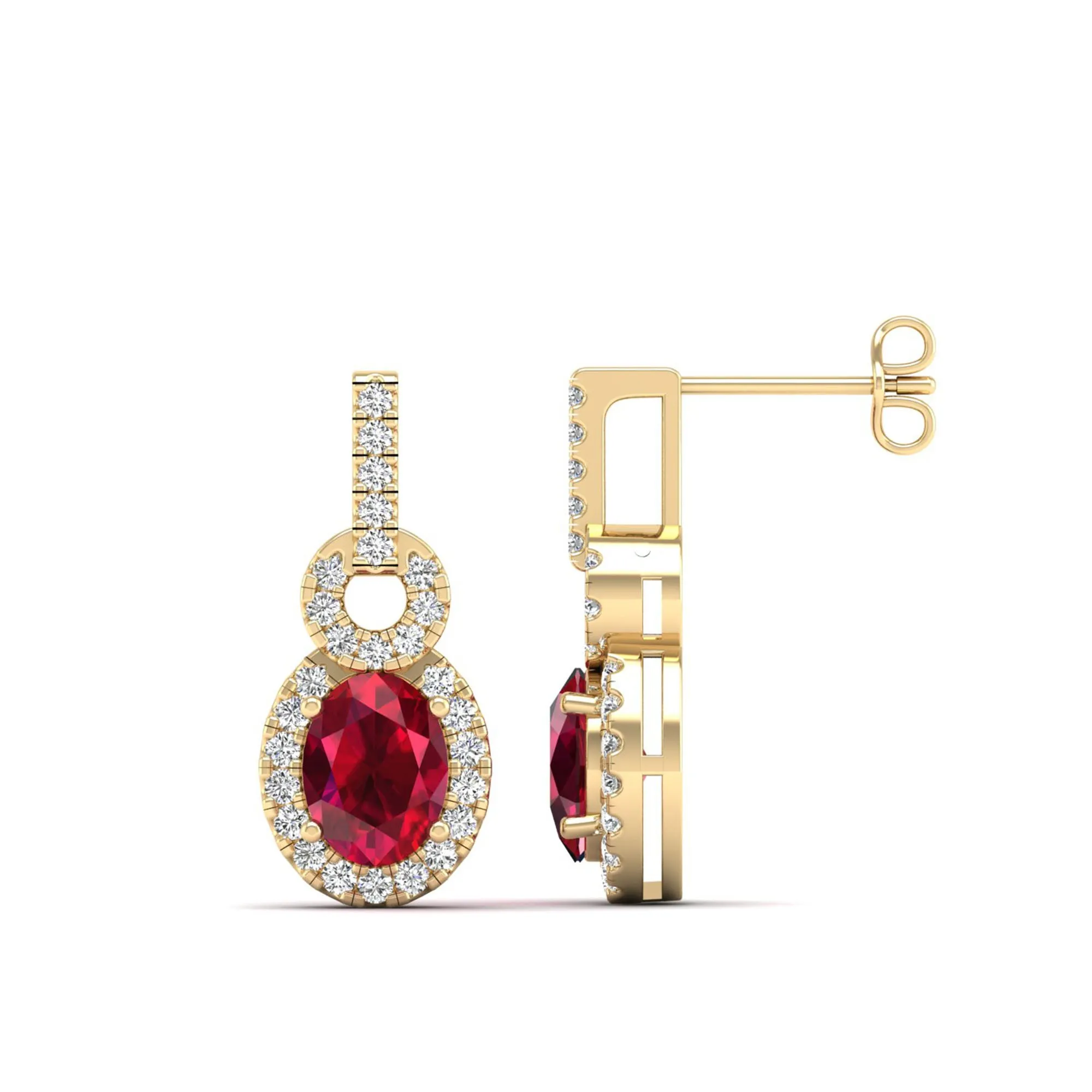 Oval Ruby and Halo Diamond Dangle Drop Earrings