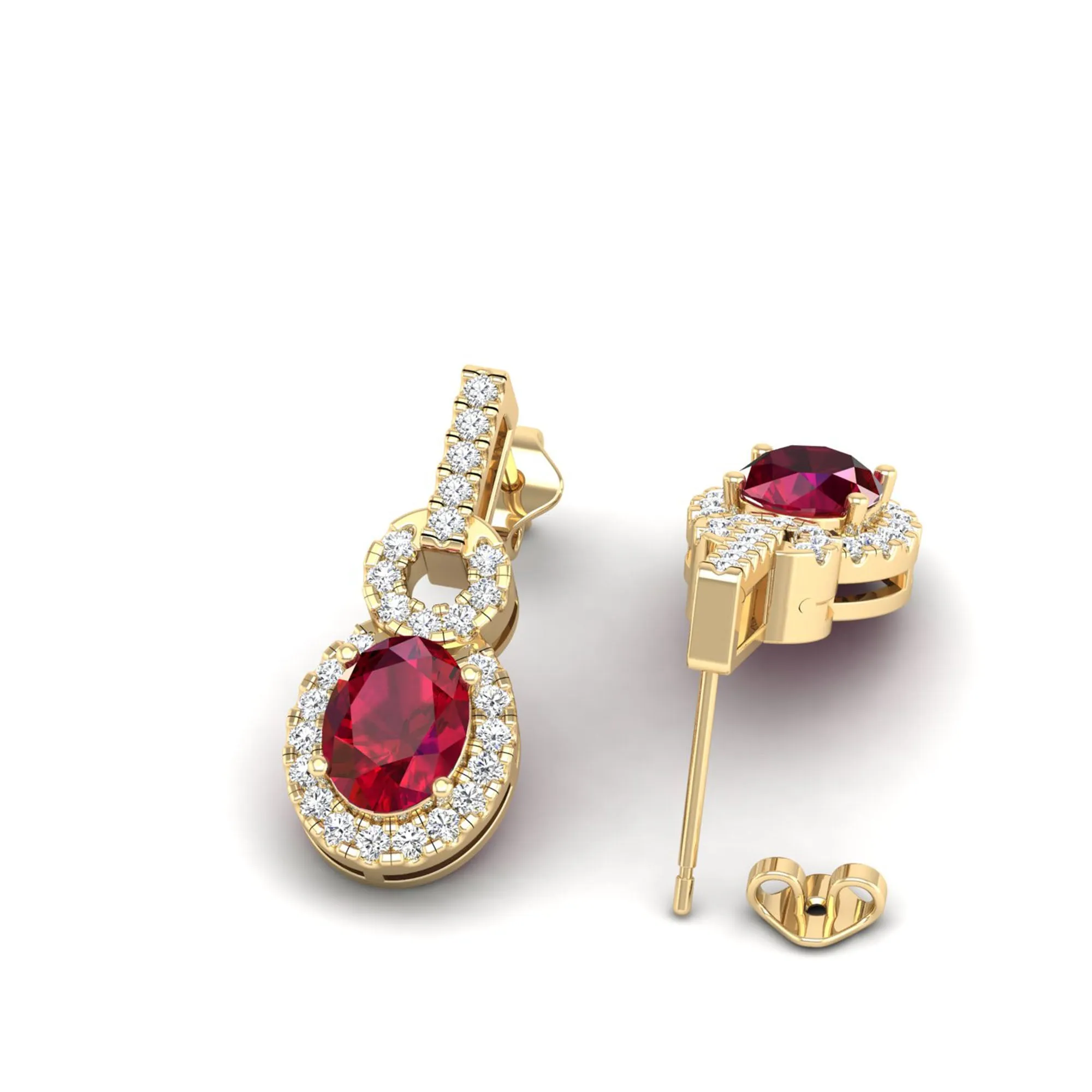 Oval Ruby and Halo Diamond Dangle Drop Earrings