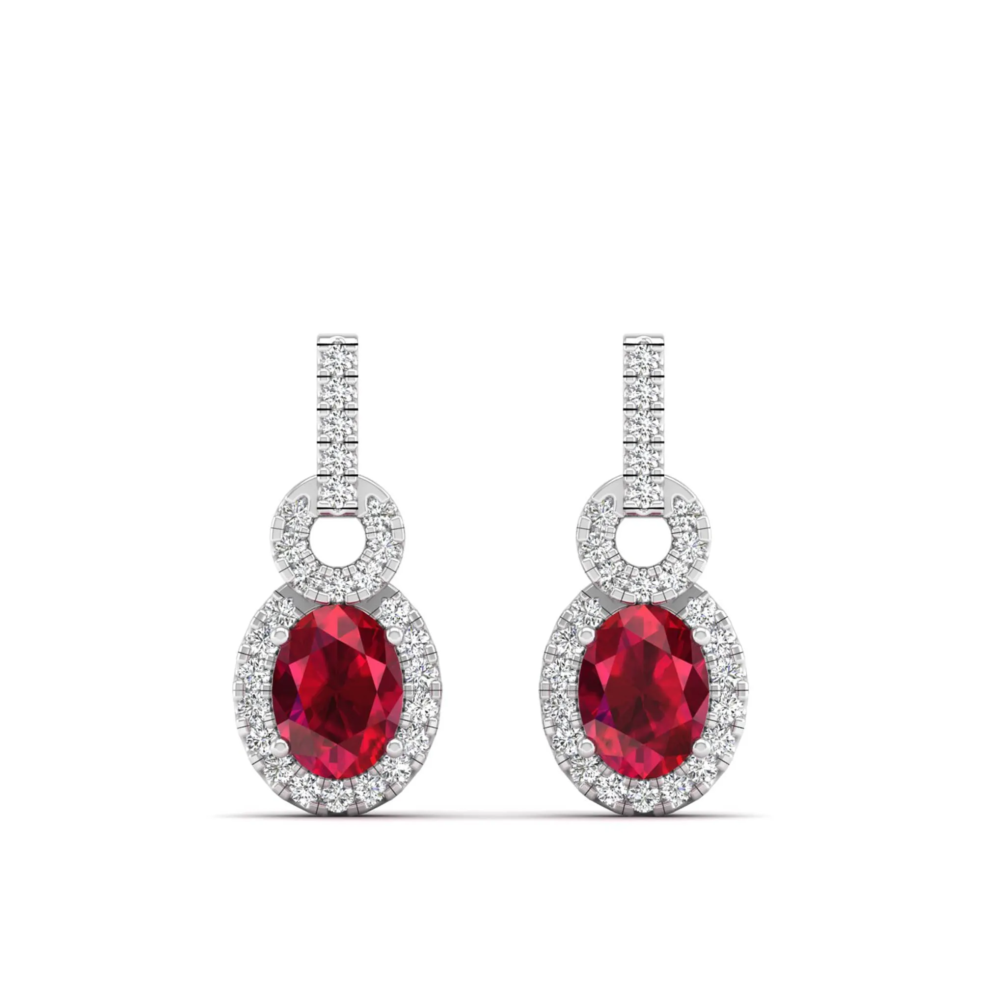 Oval Ruby and Halo Diamond Dangle Drop Earrings