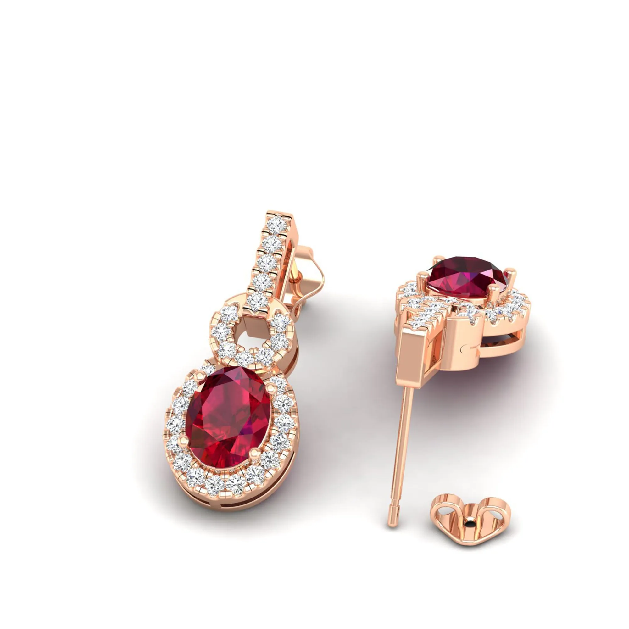 Oval Ruby and Halo Diamond Dangle Drop Earrings
