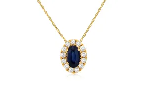 Oval Sapphire Diamond Halo Pendant Necklace in 14k Yellow Gold