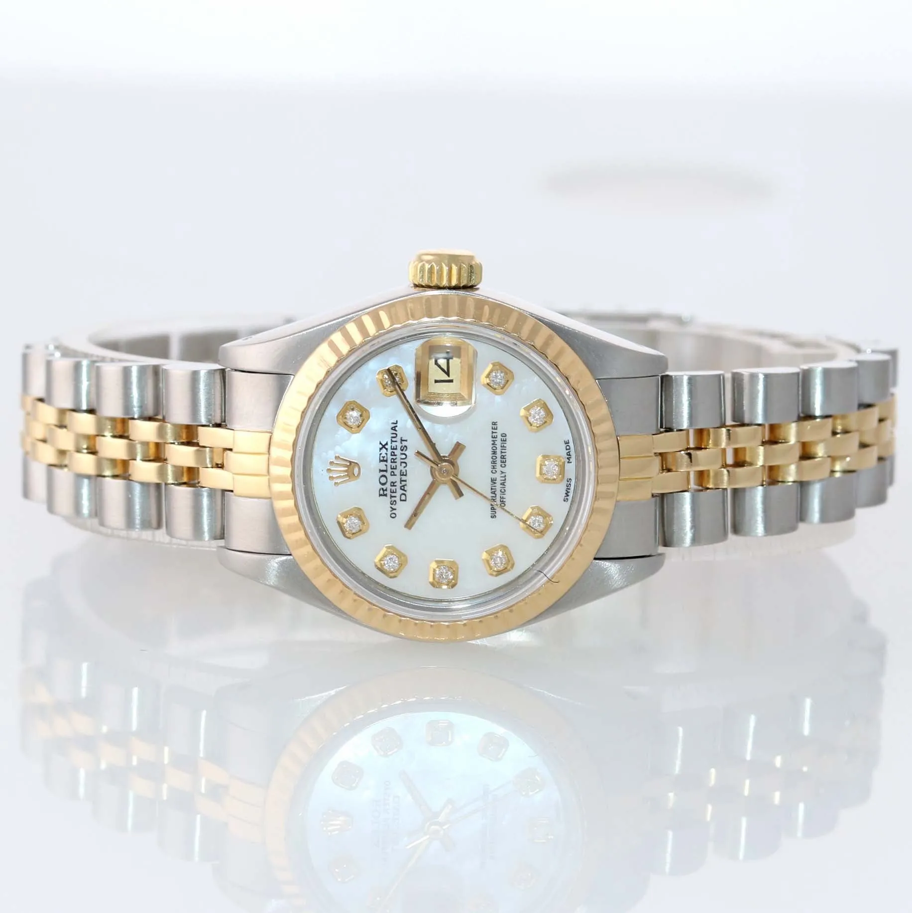 PAPERS Ladies Rolex 67193 Two Tone 18k Gold 26mm MOP Diamond Watch Box