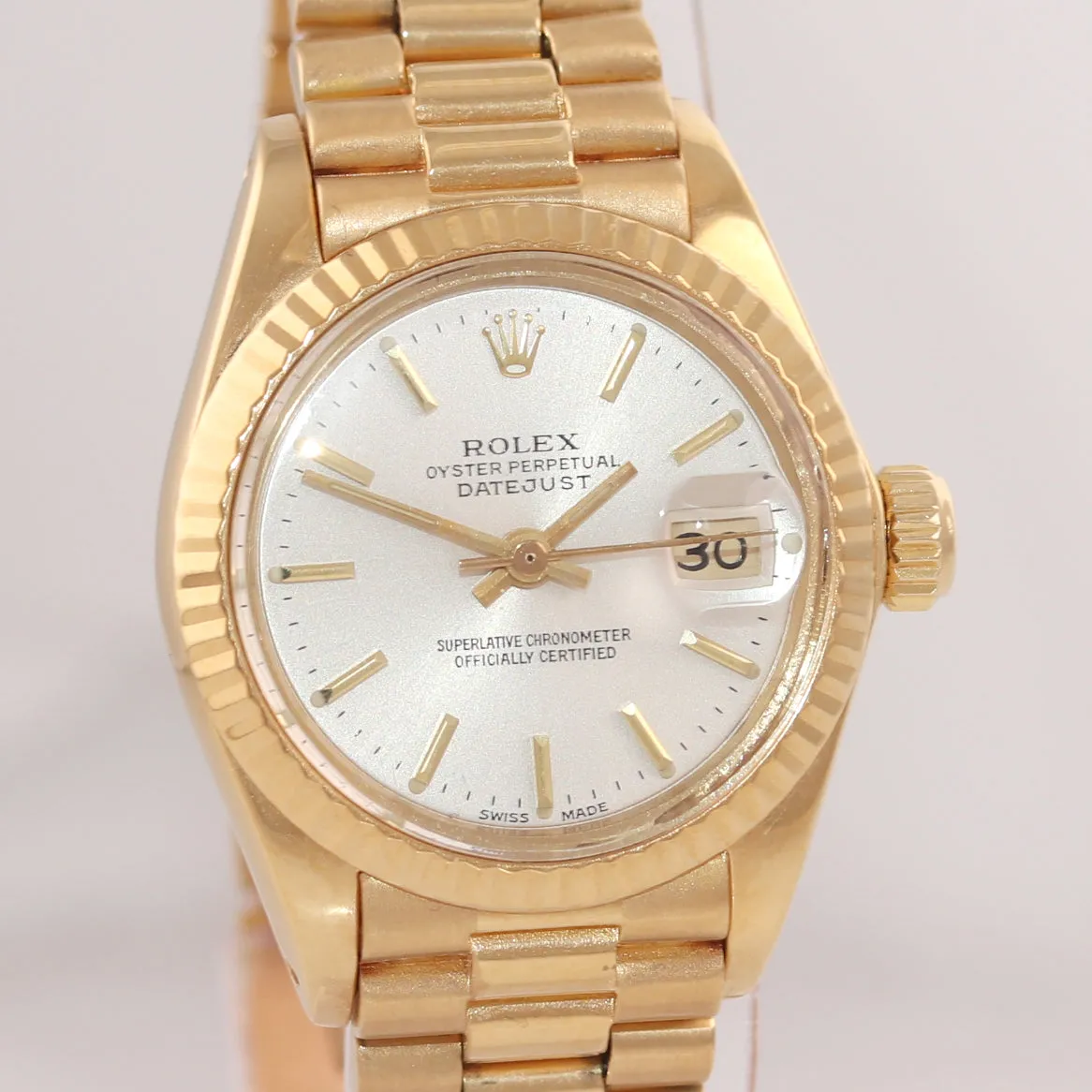 PAPERS Ladies Rolex Date President 26mm 6917 18K Yellow Gold Silver Stick Watch