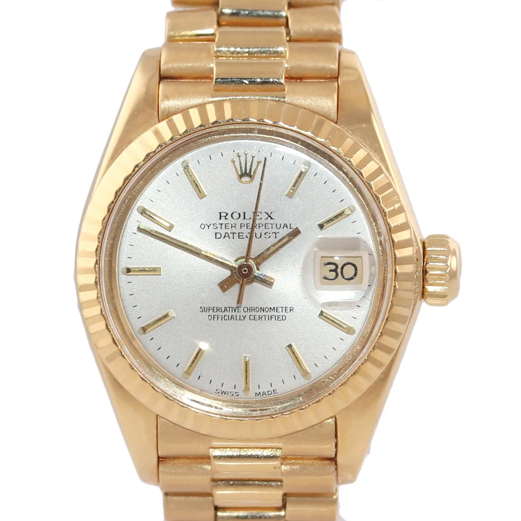 PAPERS Ladies Rolex Date President 26mm 6917 18K Yellow Gold Silver Stick Watch