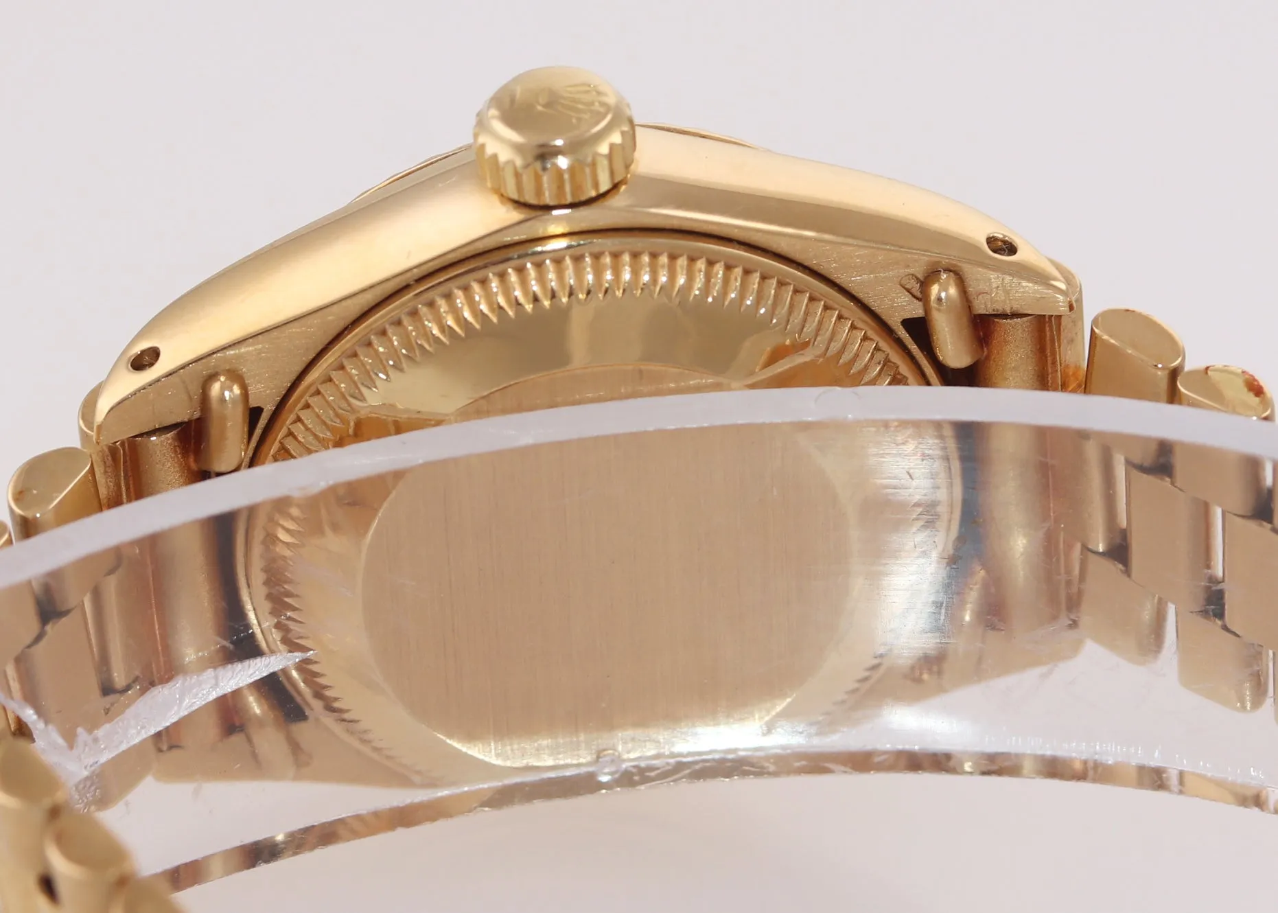 PAPERS Ladies Rolex Date President 26mm 6917 18K Yellow Gold Silver Stick Watch