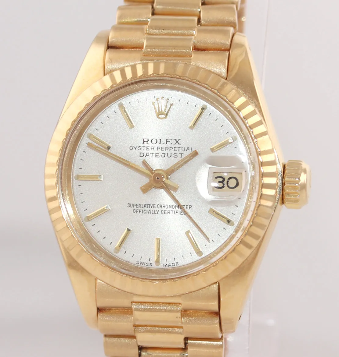 PAPERS Ladies Rolex Date President 26mm 6917 18K Yellow Gold Silver Stick Watch