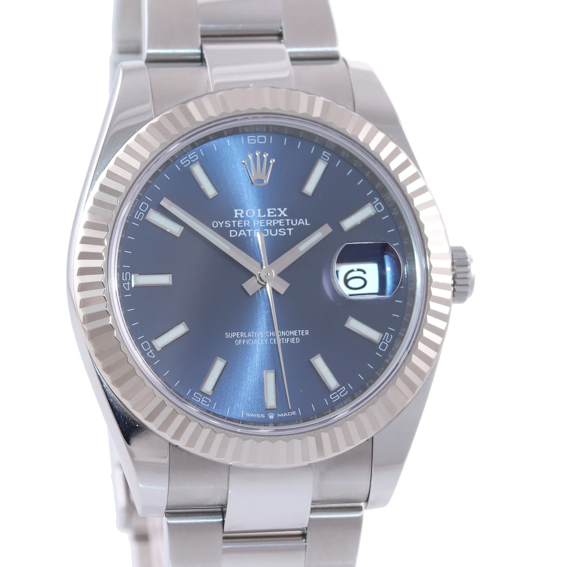PAPERS NEW Rolex DateJust 41 126334 Blue Stick Steel White Gold Fluted Watch Box
