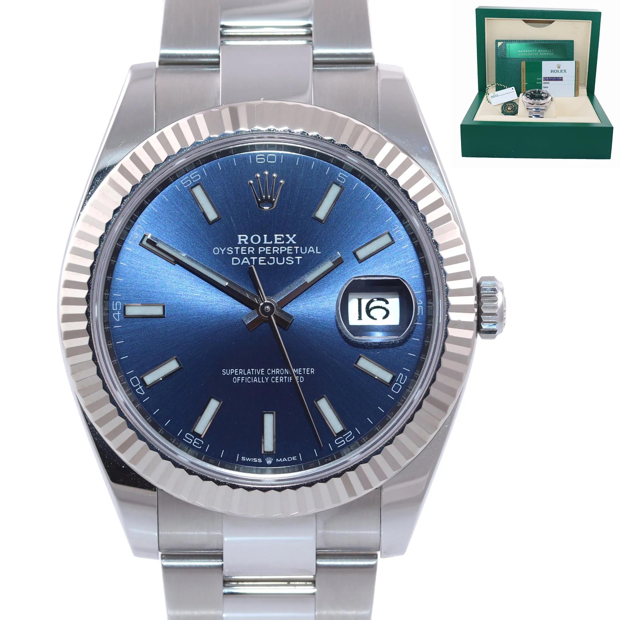 PAPERS NEW Rolex DateJust 41 126334 Blue Stick Steel White Gold Fluted Watch Box