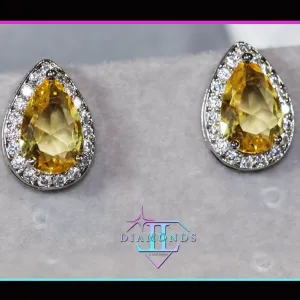 Pear cut diamond earrings, womens yellow gemstone ear studs, yellow diamond ear studs