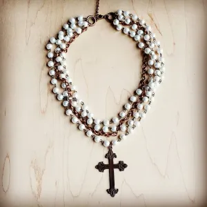 Pearl and Copper Beaded Collar Necklace with Copper Cross