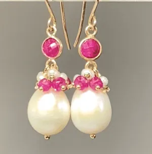 Pearl, Gemstone Cluster, Ruby and Dangle Earrings