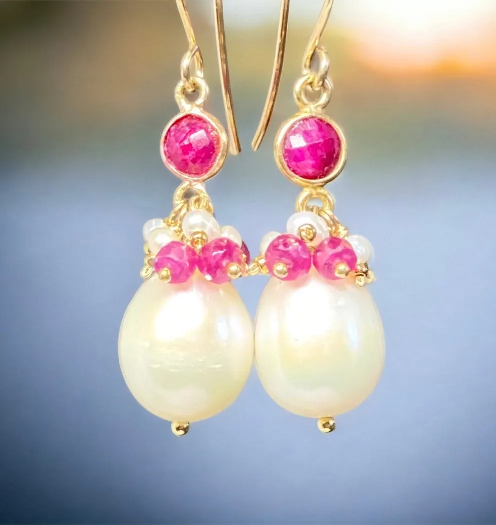 Pearl, Gemstone Cluster, Ruby and Dangle Earrings