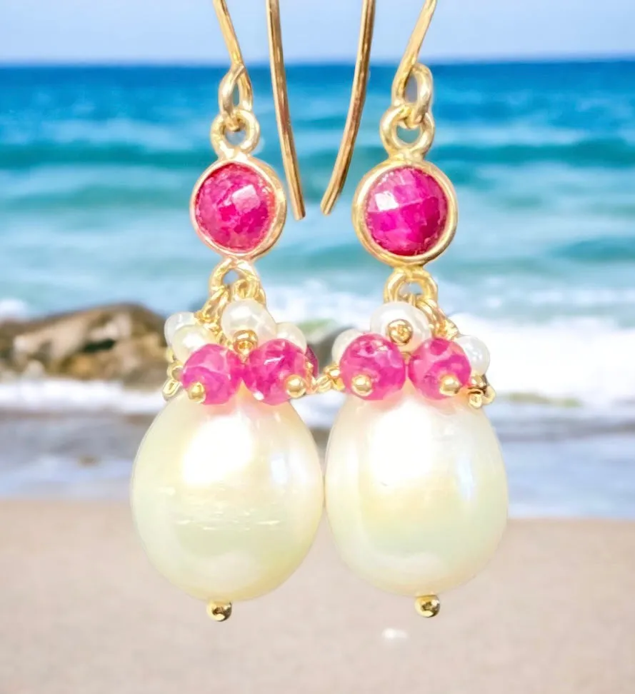 Pearl, Gemstone Cluster, Ruby and Dangle Earrings
