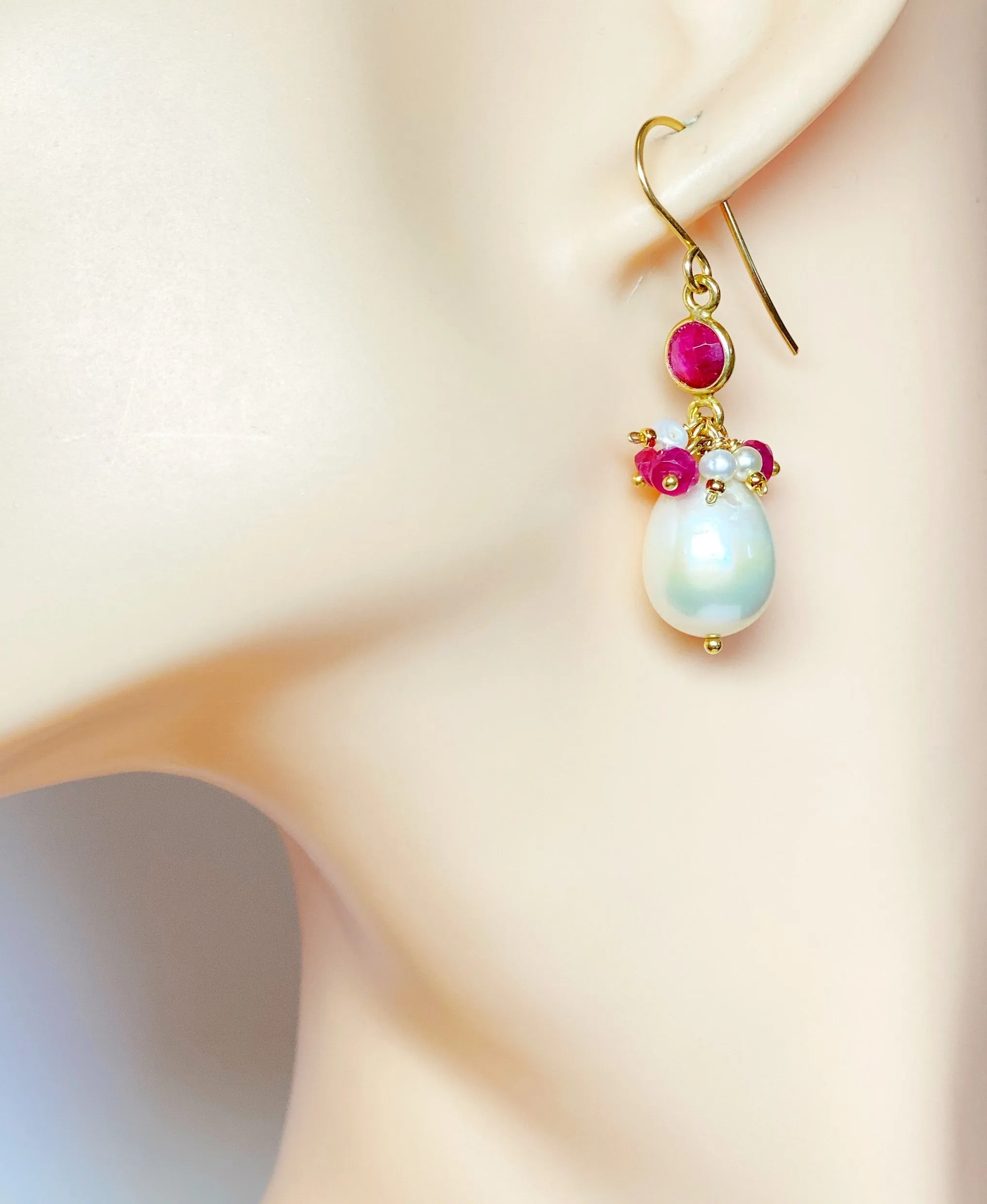 Pearl, Gemstone Cluster, Ruby and Dangle Earrings