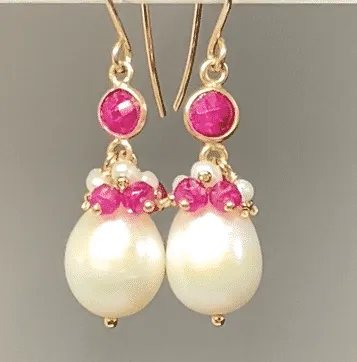 Pearl, Gemstone Cluster, Ruby and Dangle Earrings