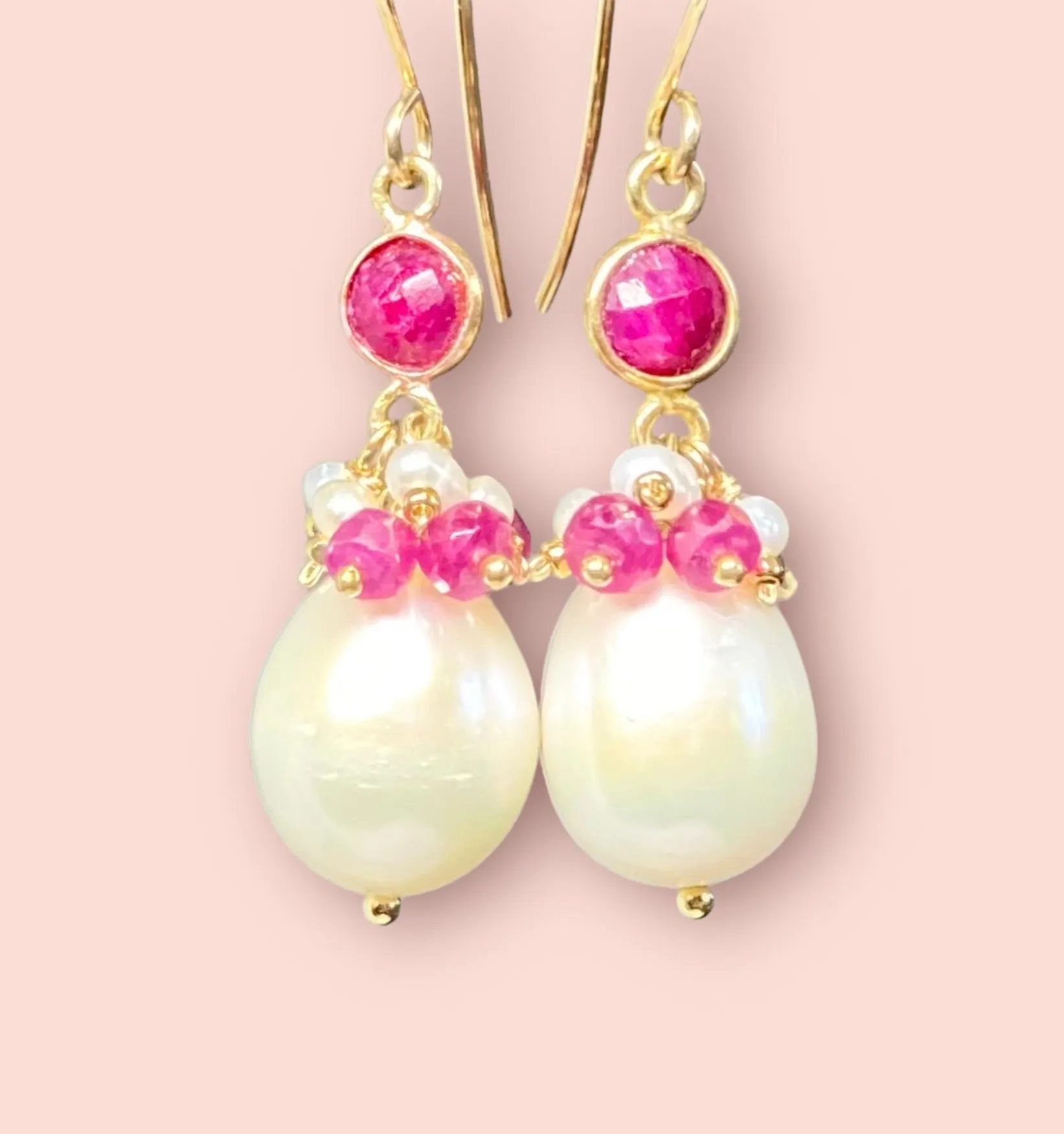 Pearl, Gemstone Cluster, Ruby and Dangle Earrings